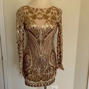 Gold and Nude Sequin Appliquรฉ Mini Dress